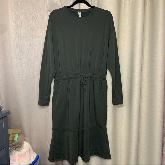 Tristan Long Sleeve Dress Modal Cotton Deep Green Jersey Sz L Pocket Ruffle Hem - Picture 15 of 15